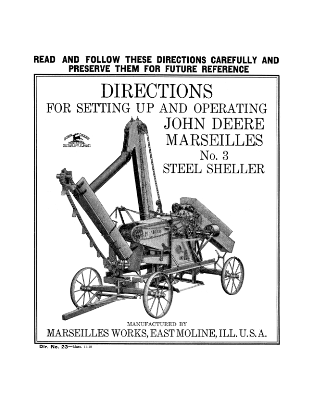 John Deere No. 3 Steel Corn Sheller Operator's Manual (DIR23)
