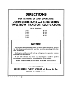 John Deere B110, B120 Series Two-Row Tractor Cultivators Operator's Manual (DIR241)