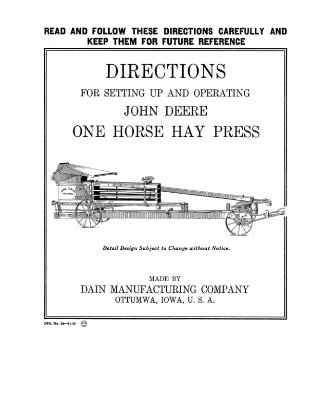 John Deere One Horse Hay Press Operator's Manual (DIR24A)