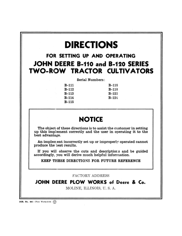 John Deere No. 2 Triple Gang Plow Operator's Manual (DIR24)