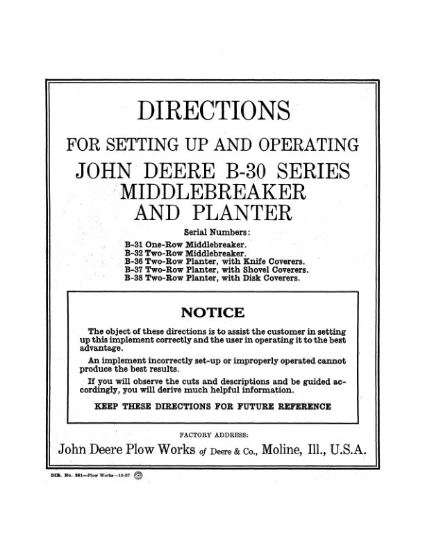 John Deere B-30 Series MiddleBreaker, Planter Operator's Manual (DIR251)