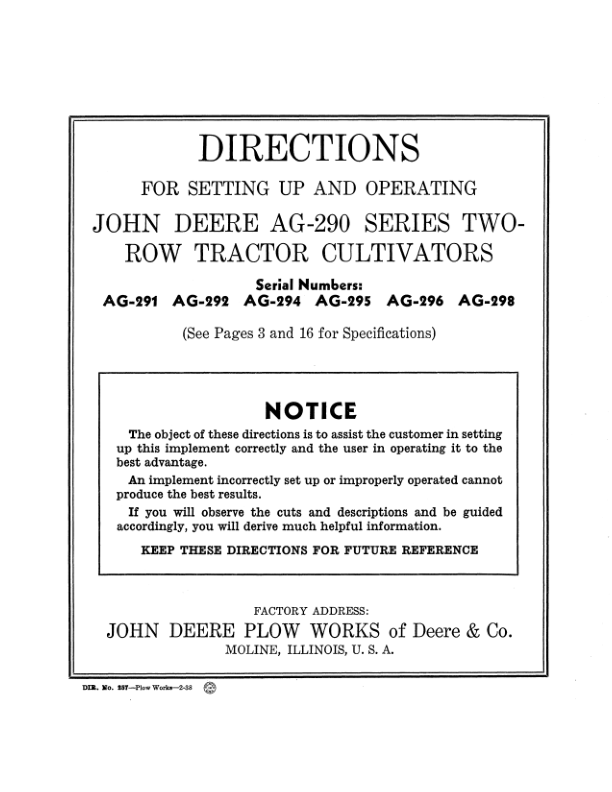John Deere AG-290 Series Two-Row Tractor Cultivators Operator's Manual (DIR257C)