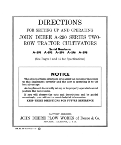 John Deere A-290 Series Two-Row Tractor Cultivators Operator's Manual (DIR257)