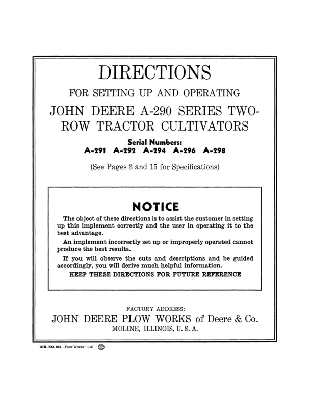 John Deere A-290 Series Two-Row Tractor Cultivators Operator's Manual (DIR257)