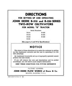 John Deere B-210, B-220 Series Two-Row Cultivators for 'B' Model Tractor Operator's Manual (DIR259A)