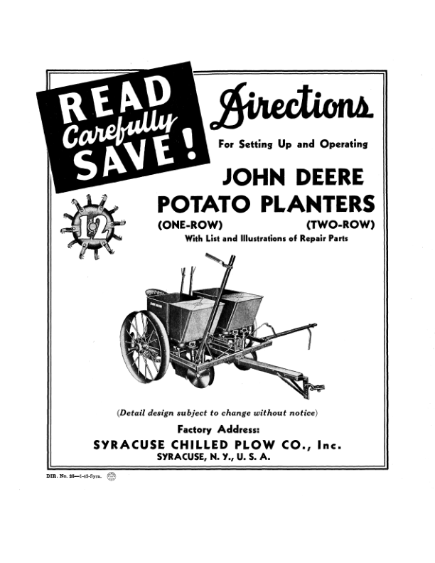 John Deere Potato Planters (1-Row, 2-Row) Operator's Manual (DIR25B)