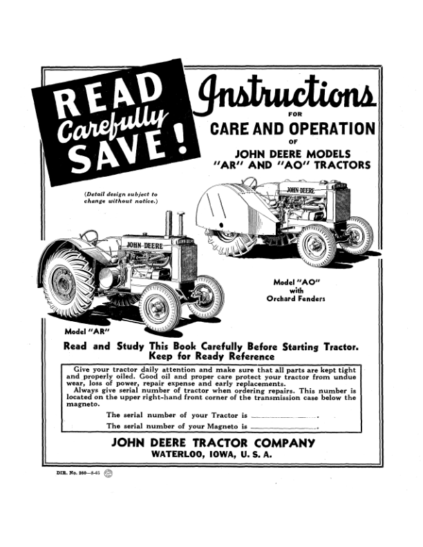 John Deere Models 'AR', 'AO' Tractors (S.N. -271, 999) Operator's Manual (DIR260)