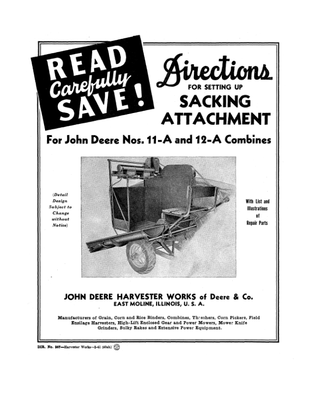 John Deere Sacking Attachment on JD 11-A, 12-A Combines Operator's Manual (DIR267A)