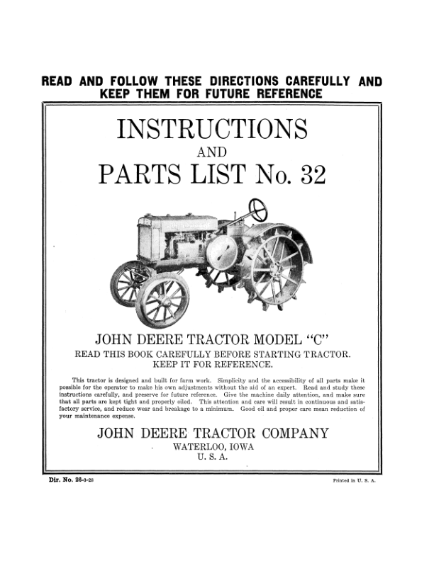 John Deere Tractor 'C' Model Operator's Manual (DIR26C)