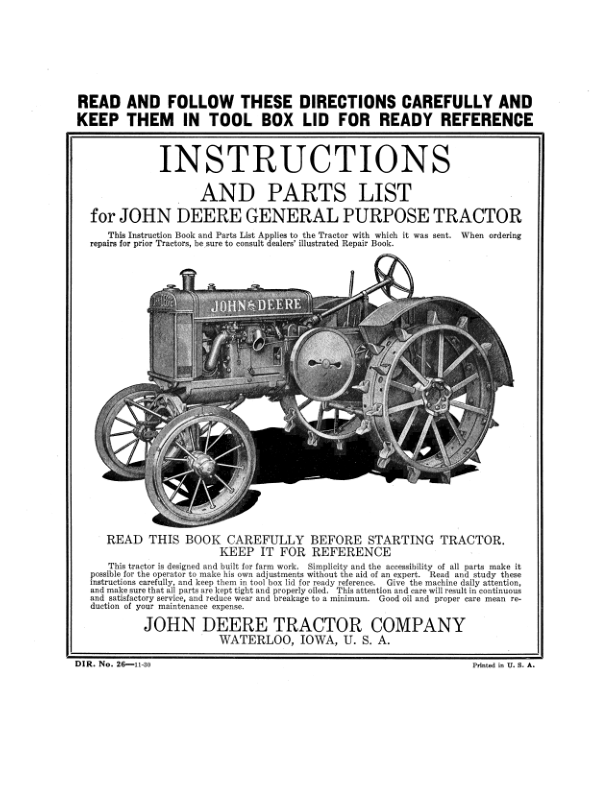 John Deere General Purpose Tractors Operator's Manual (DIR26D)