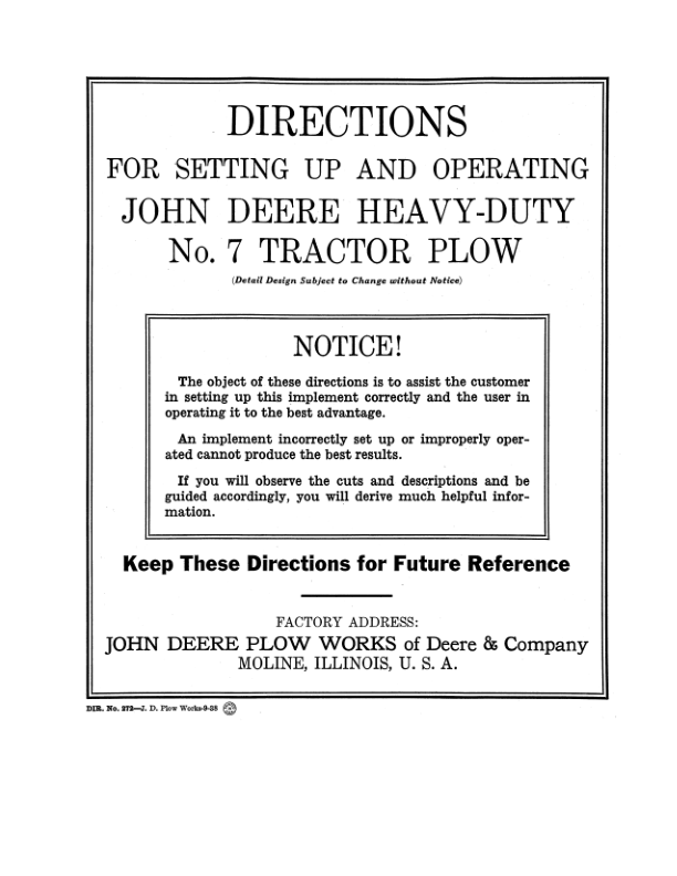John Deere Heavy-Duty No. 7 Tractor Plow Operator's Manual (DIR272)