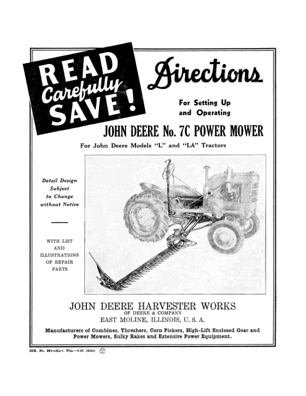 John Deere No. 7C Power Mower on 'L', 'LA' Model Tractors Operator's Manual (DIR291A)