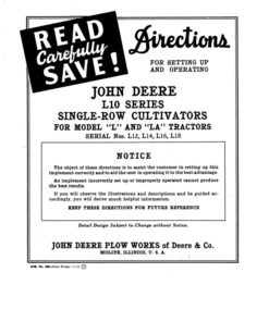 John Deere L10 Series Single-Row Cultivator Ser No. L12, L14, L16, L18 Operator's Manual (DIR309B)