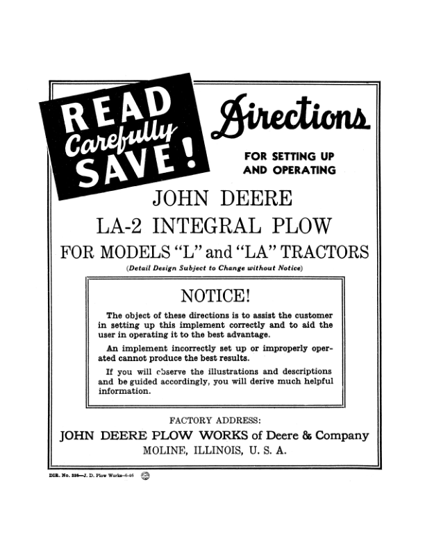John Deere LA-2 Integral Plow for Model L, LA Tractors Operator's Manual (DIR336)