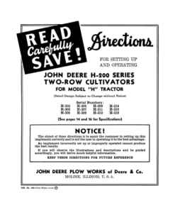 John Deere H-200 Series Two-Row Cultivators for Model H Tractors Operator's Manual (DIR339)