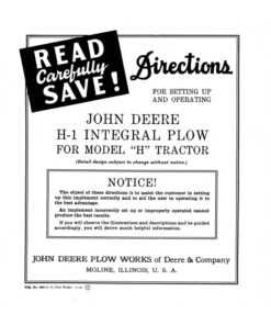 John Deere H-1 Integral Plow Operator's Manual (DIR340A)