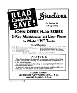 John Deere H-30 Series 2 Row Middlebreaker & Lister for Model H Tractor Operator's Manual (DIR345A)