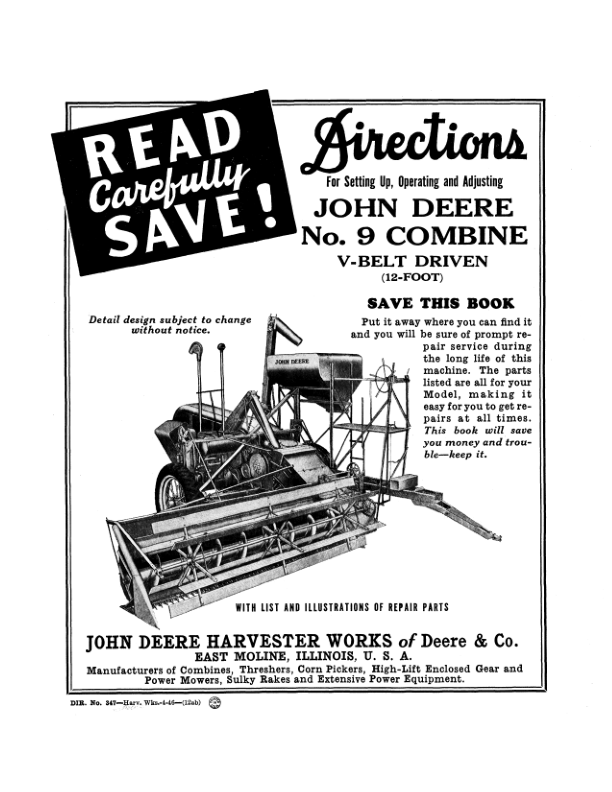 John Deere No. 9 Combine V-Belt Driven Operator's Manual (DIR347A)