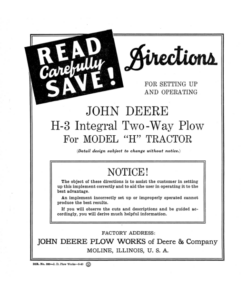 John Deere H3 Intregal Two-Way Plow for 'H' Tractors Operator's Manual (DIR350A)