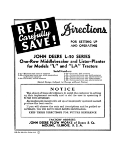 John Deere L-20 Series One-Row Middlebreaker & Lister Planter for Models Operator's Manual (DIR359A)