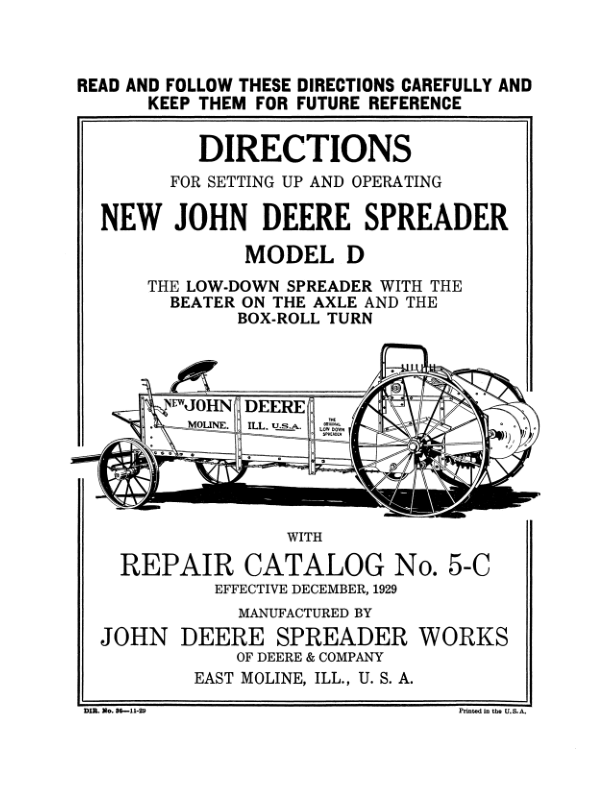 John Deere New Spreader 'D' Model Operator's Manual (DIR36)
