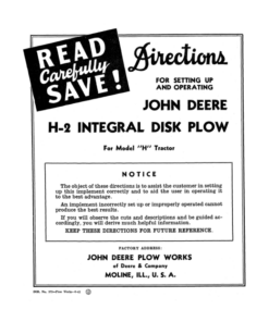 John Deere H-2 Integral Disk Plow on 'H' Model Tractor Operator's Manual (DIR372A)