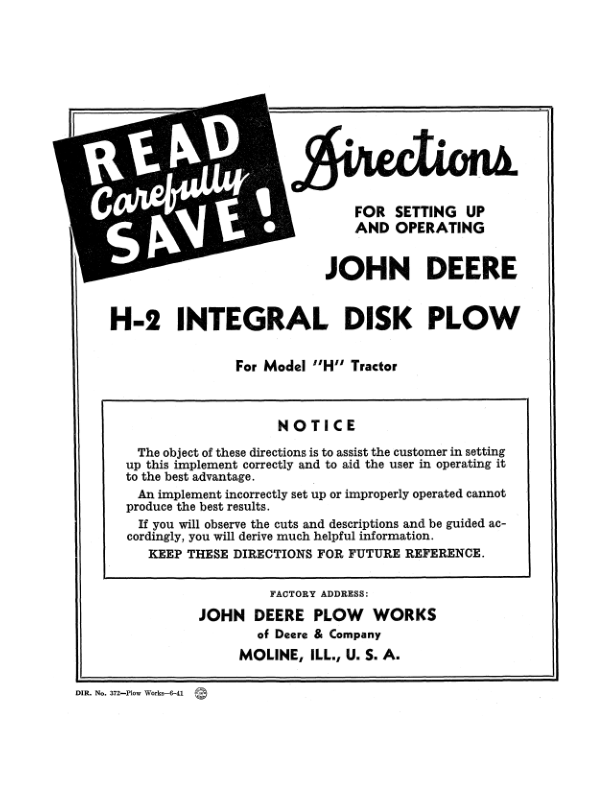 John Deere H-2 Integral Disk Plow on 'H' Model Tractor Operator's Manual (DIR372A)