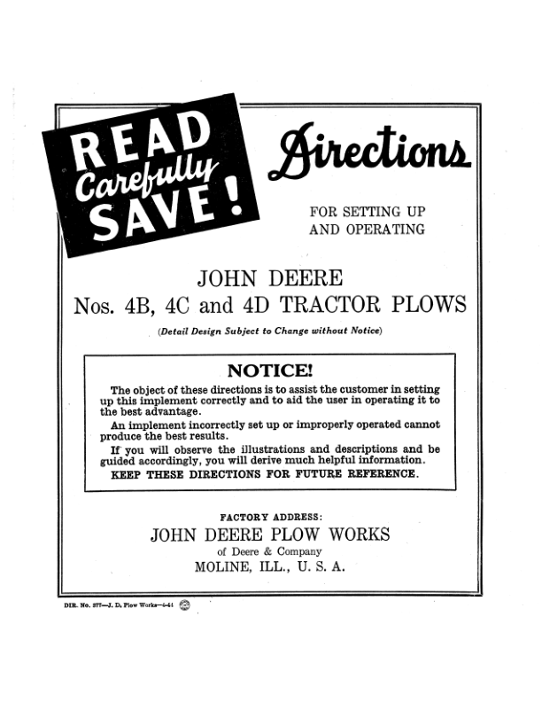 John Deere JD Nos. 4B, 4C, 4D Tractor Plows Operator's Manual (DIR377A)