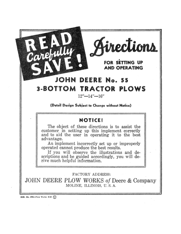 John Deere No. 55 Three-Bottom Tractor Plow Operator's Manual (DIR379A)