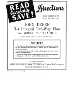 John Deere H4 Intregal Two-Way Plow for 'H' Tractors Operator's Manual (DIR381)