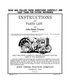 John Deere Model 'D' Tractor (With Part List) Operator's Manual (DIR3C)