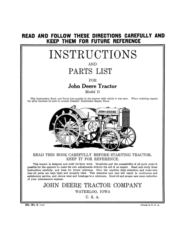 John Deere Model 'D' Tractor (With Part List) Operator's Manual (DIR3C)