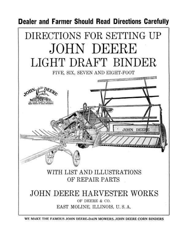 John Deere Setting Light Draft Binder (With Repair Parts) Operator's Manual (DIR3D)