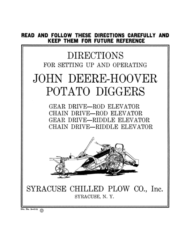 John Deere Joh Deere-Hoover Potato Diggers Operator's Manual (DIR3E)