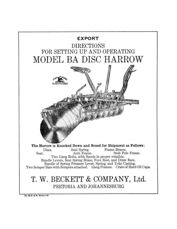 John Deere Model BA Disk Harrow Operator's Manual (DIR56C)