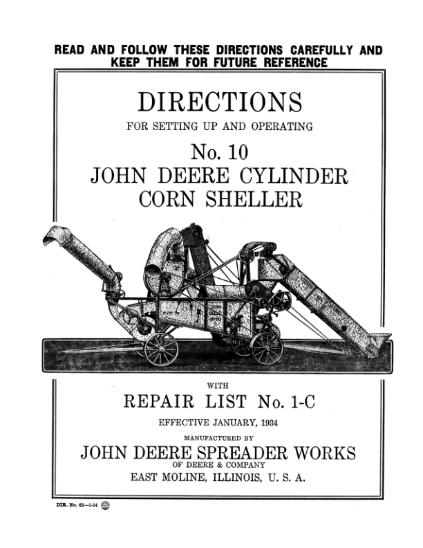 John Deere No. 10 Cylinder Corn Sheller Operator's Manual (DIR61A)