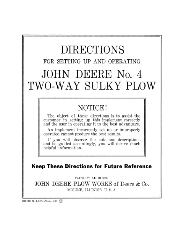 John Deere No. 4 Two-Way Sulky Plow Operator's Manual (DIR74A)