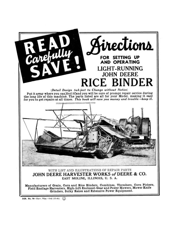 John Deere Light-Running Rice Binder (Power-Driven & Ground Driven) Operator's Manual (DIR79A)