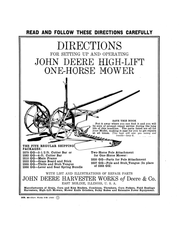 John Deere One Horse High-Lift Mower Operator's Manual (DIR80A)