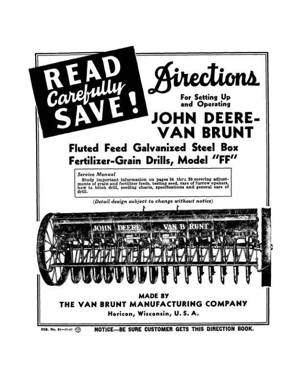 John Deere Van Brunt Fluted Feed Fertilizer- FF Grain Drills Operator's Manual (DIR81)