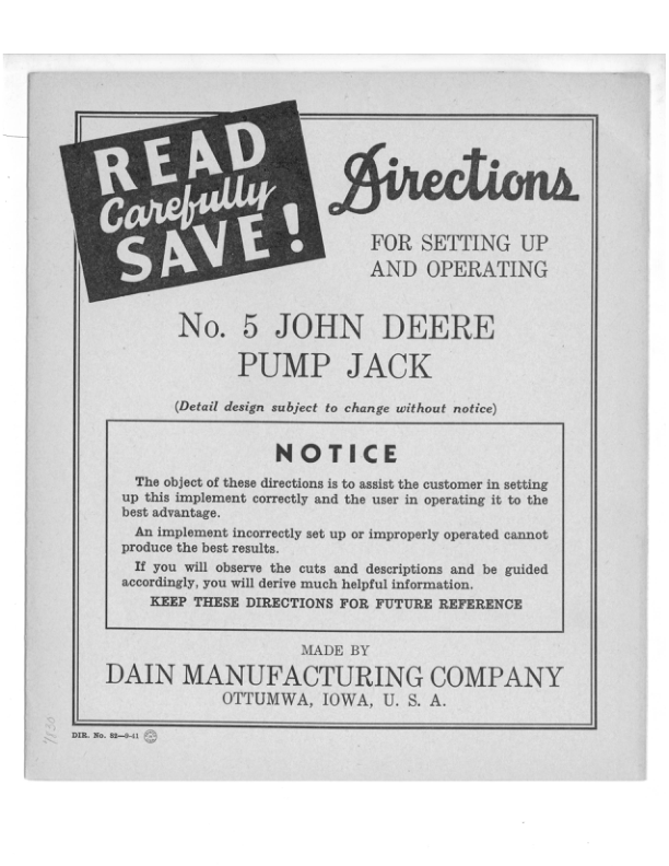 John Deere No. 5 Pump Jack Operator's Manual (DIR82)