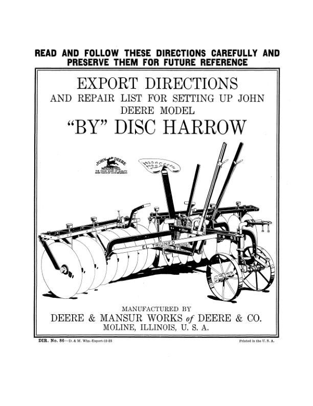 John Deere BY' Disc Harrow Operator's Manual (DIR86C)