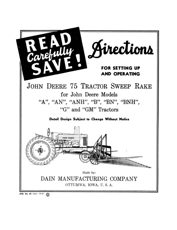 John Deere 75 Tractor Sweep Rake Operator's Manual (DIR87)