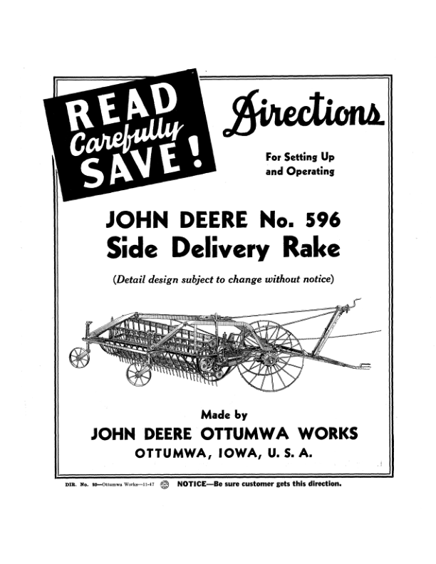 John Deere No. 596 Side Delivery Rake Operator's Manual (DIR93)