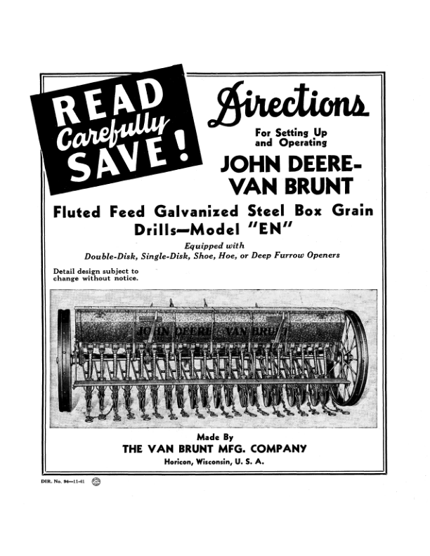 John Deere Van Brunt Steel Box Grain Drill - 'EN' Model Operator's Manual (DIR94A)
