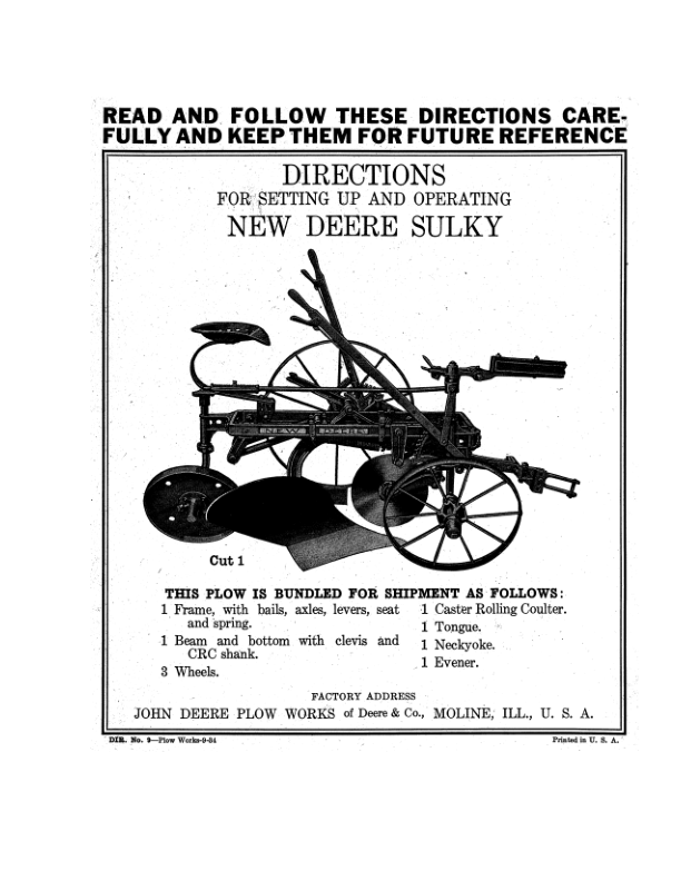 John Deere New Deere Sulky Plow Operator's Manual (DIR9A)