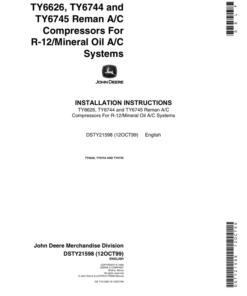 John Deere TY6626, TY6744, TY6745 Remanufactured A/C Compressors Operator's Manual (DSTY21598)