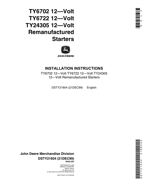 John Deere TY6702, TY6722, TY24305 12-Volt Remanufactured Starters Operator's Manual (DSTY21604)