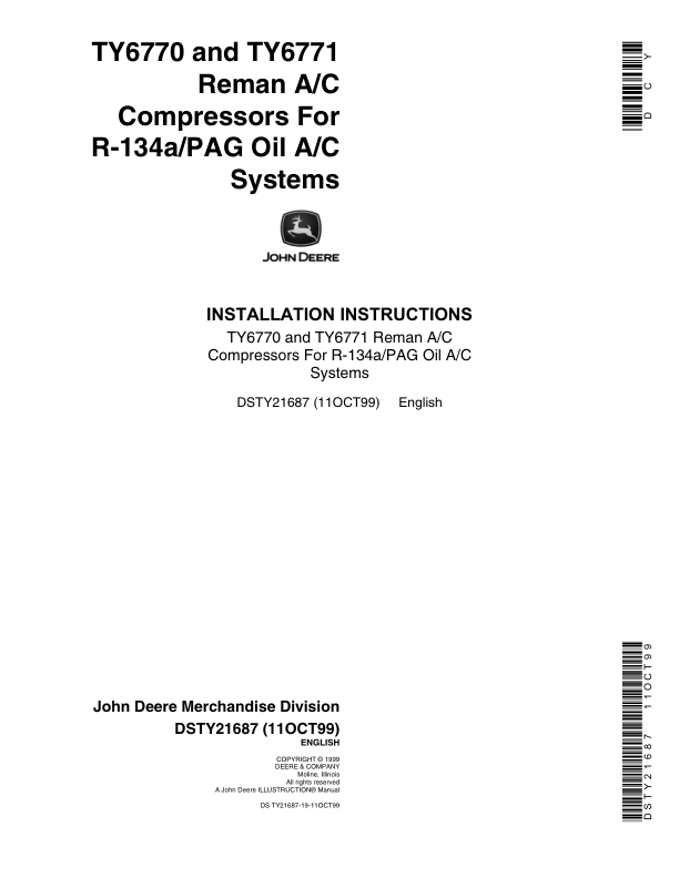 John Deere TY6770, TY6771 Remanufactured A/C Compressors Operator's Manual (DSTY21687)