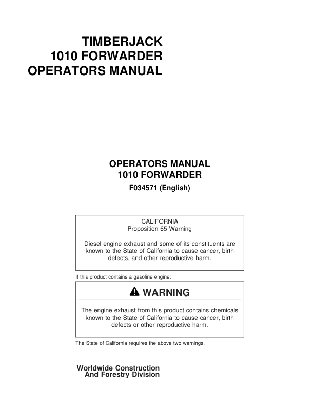 John Deere 1010 Forwarders Operator's Manuals (F034571)